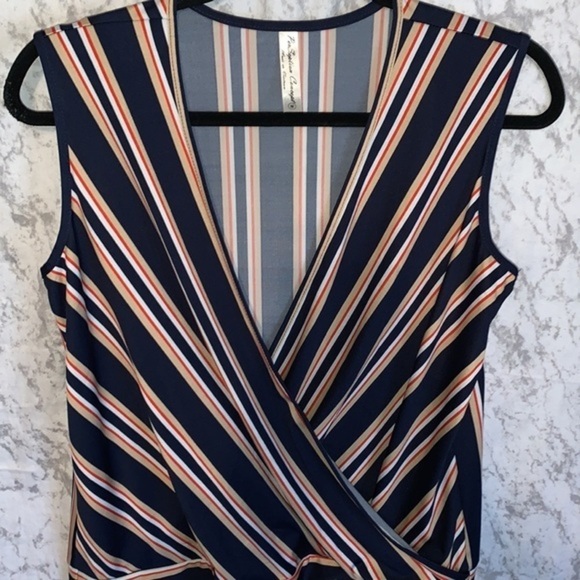 PerSeption Concept Sleeveless Faux Wrap Top Navy Red Tan Ladies Size Medium - Picture 2 of 7